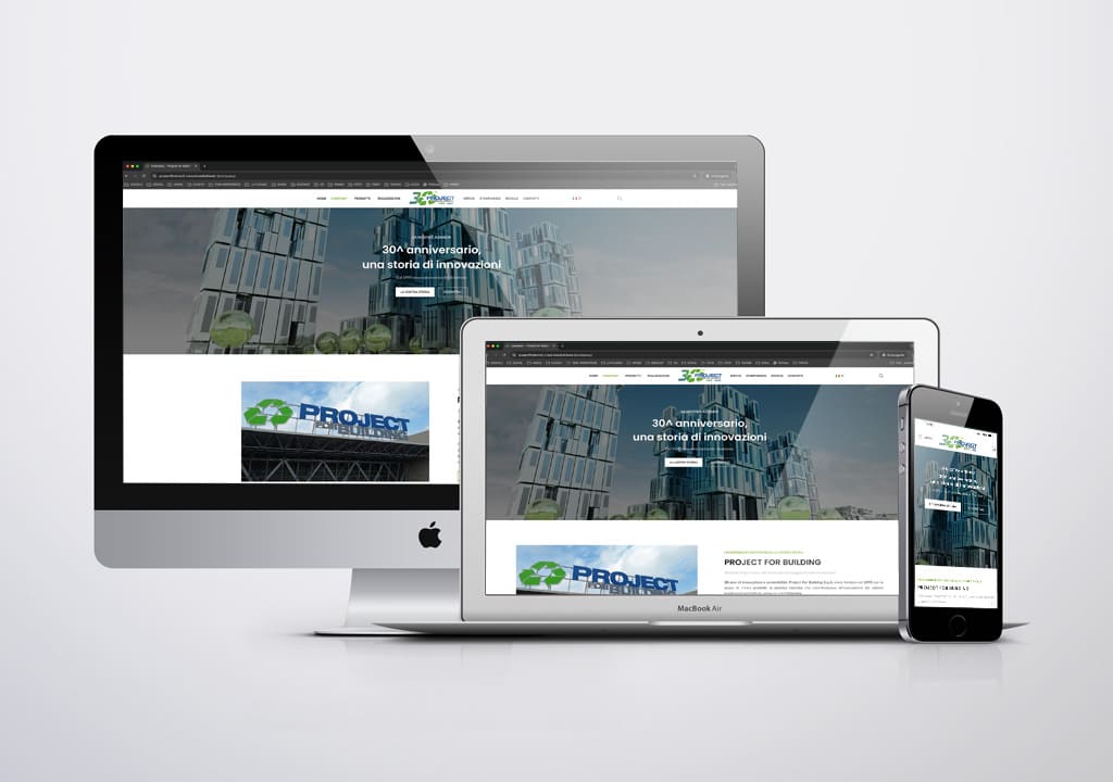 Immagine dell'homepage del nuovo sito di Project For Building su computer, portatile e mobile